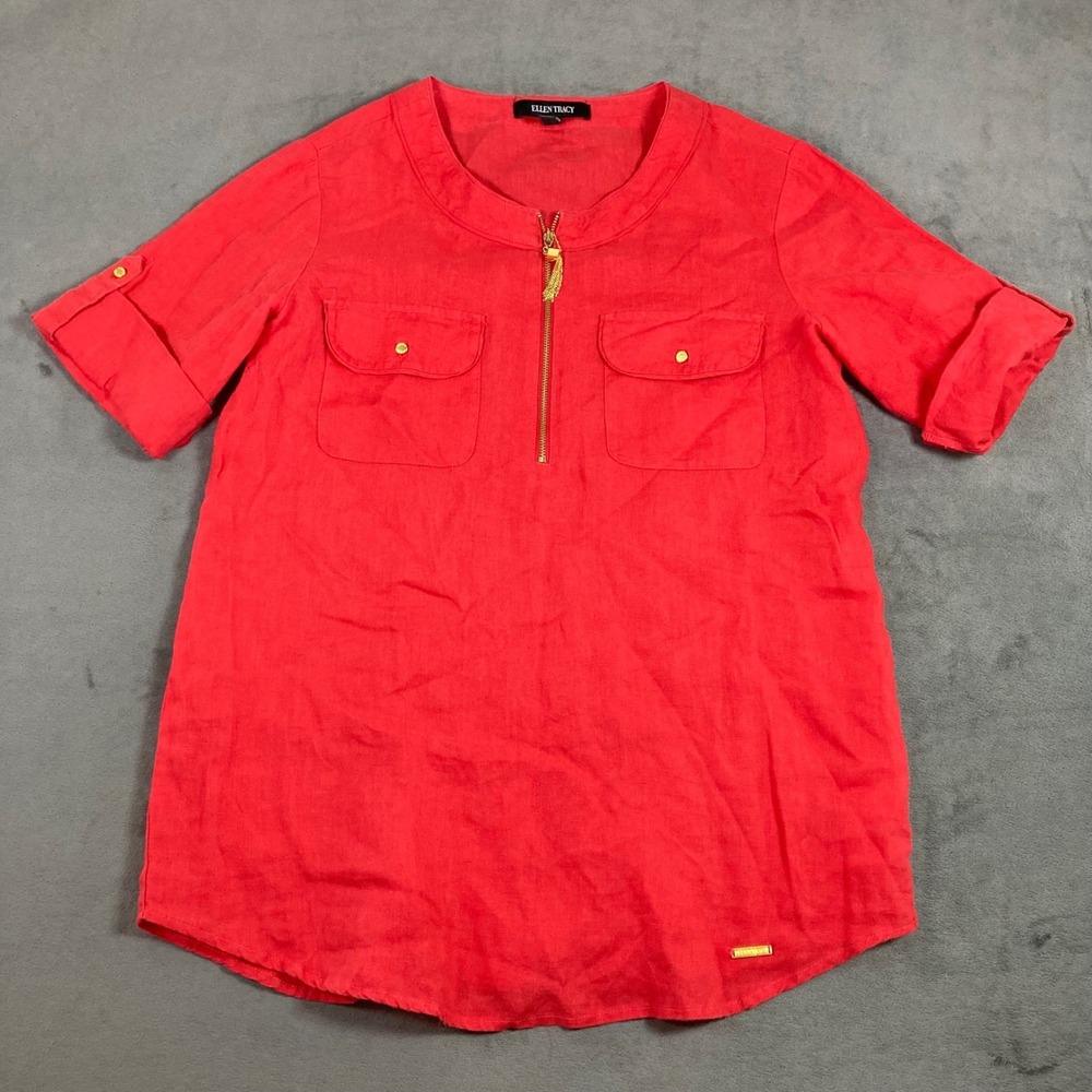 Ellen Tracy Womens Red 100% Linen Half Zip Tassel Blouse Top Small